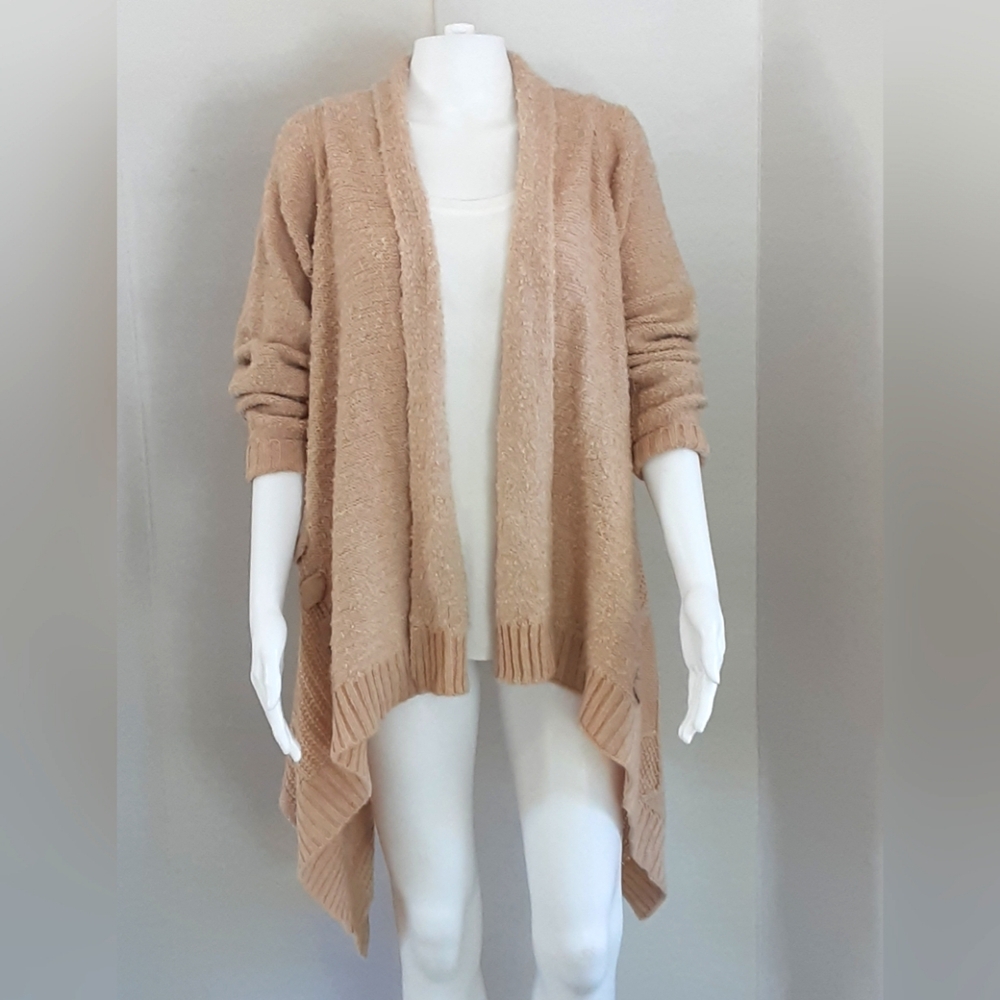 Beige Open Front Waterfall Loose Knit Detail Handkerchief Hem Cardigan Sz L